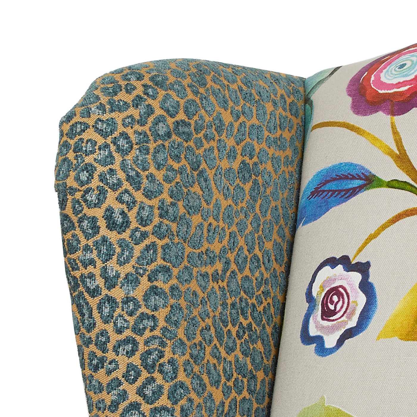 Anya Boho Chic Wingback Accent Arm Chair, Floral & Leopard, Blue Teal & Purple Velvet Teal Multi Foam Fabric