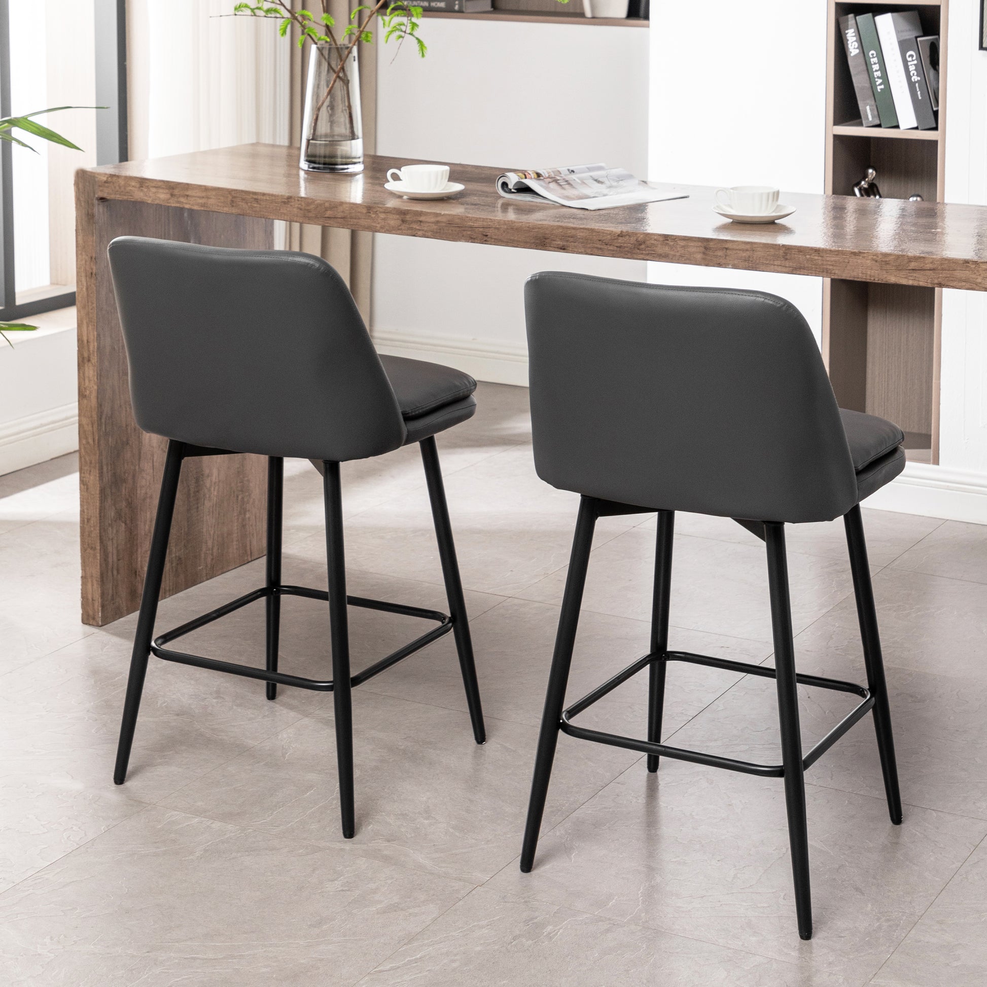 Counter Height Swivel Bar Stools Set Of 2, 360 Swivel Upholstered Barstools With Back And Metal Legs, 25.6" Seat Height,Counter Stools For Kitchen Island And Pub,Faux Leather,Grey Dark Grey Set Of 2