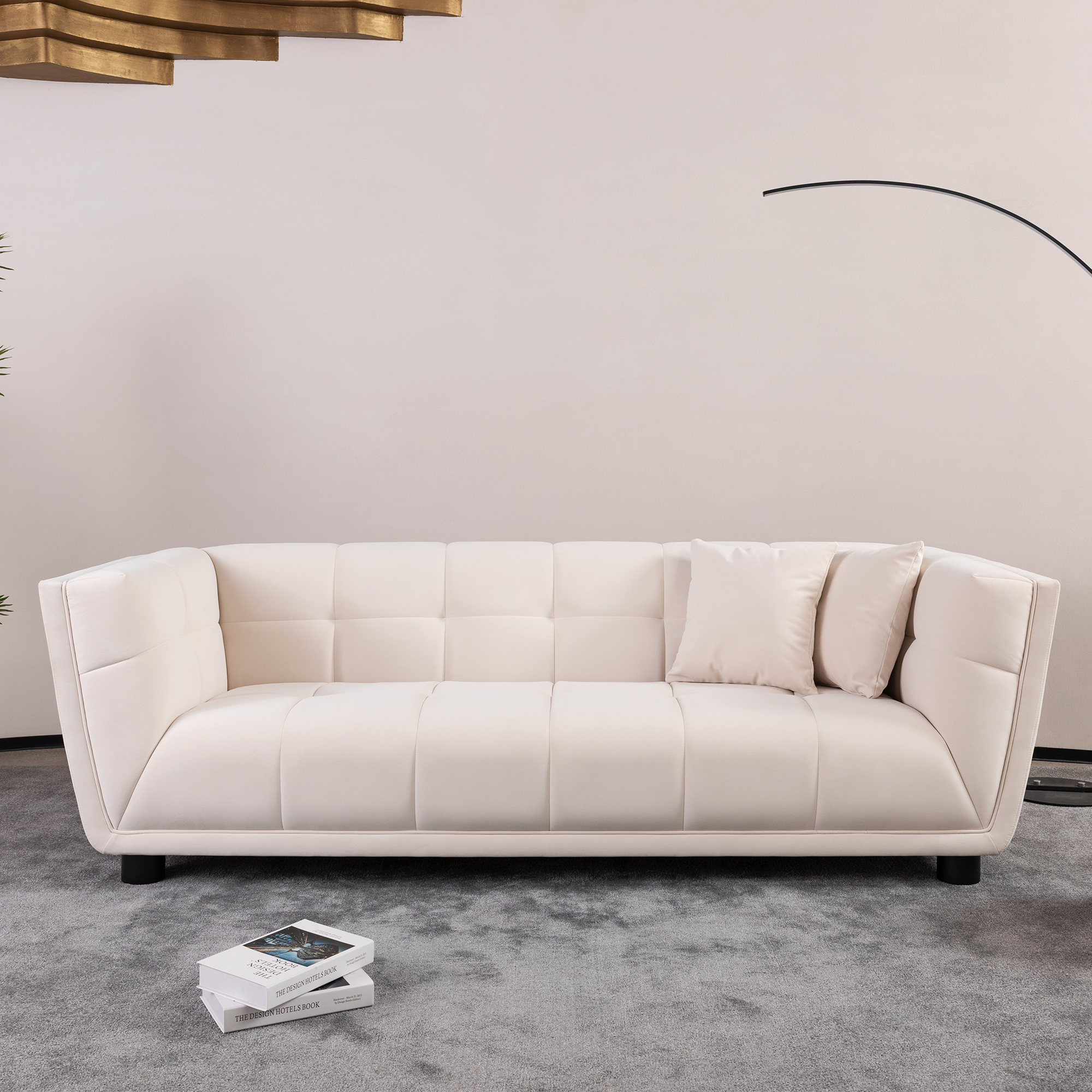 Wks13 Mid Century Modern Style: Simple White Sofa, Small Square Design, Velvet Fabric Texture Smooth, Retro Fashion, Solid Wood Feet, 2 People Design White Retro Broadcloth Pleat 2 Seat