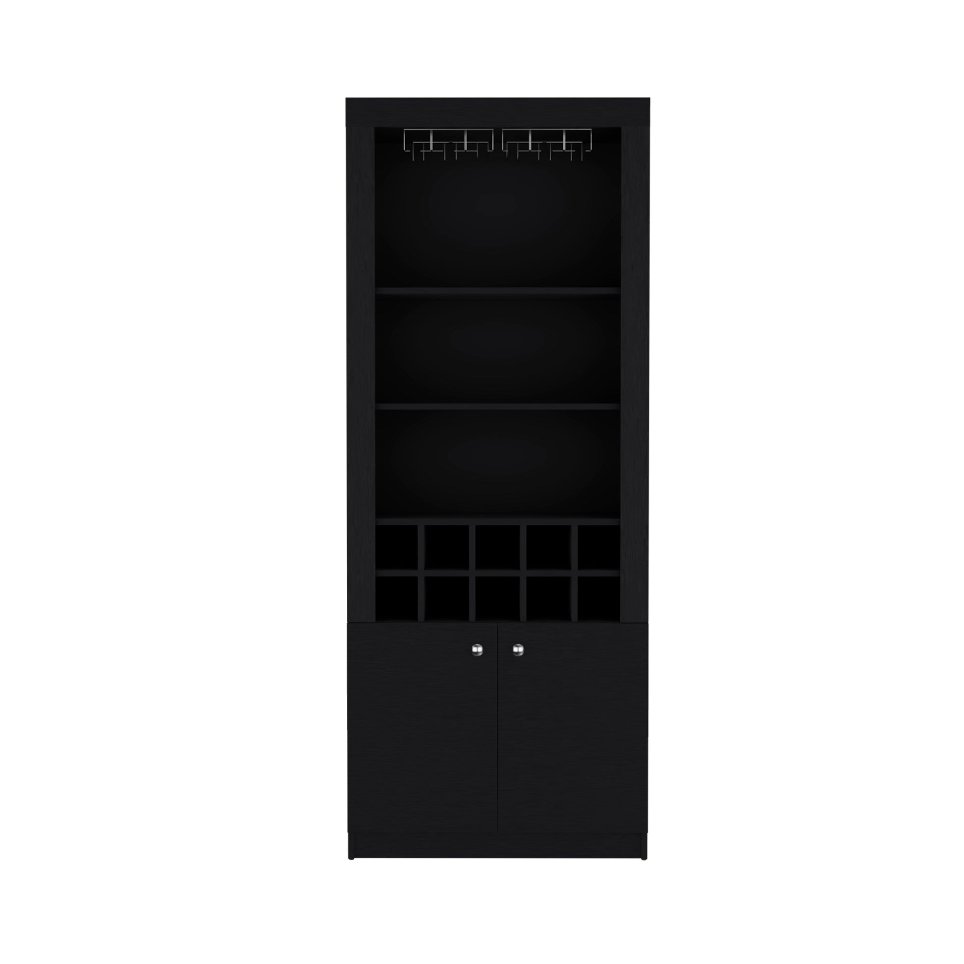 Nero 74 Inch Tall Bar Cabinet 4 Tier Modern Bar Cabinet With Glass Holder Stemware Rack, Wine Cabinet, Liquor Cabinet, 10 Bottle Cubbies And 4 Shelves. Black Primary Living Space Modern Particle Board Shelves Included Engineered Wood