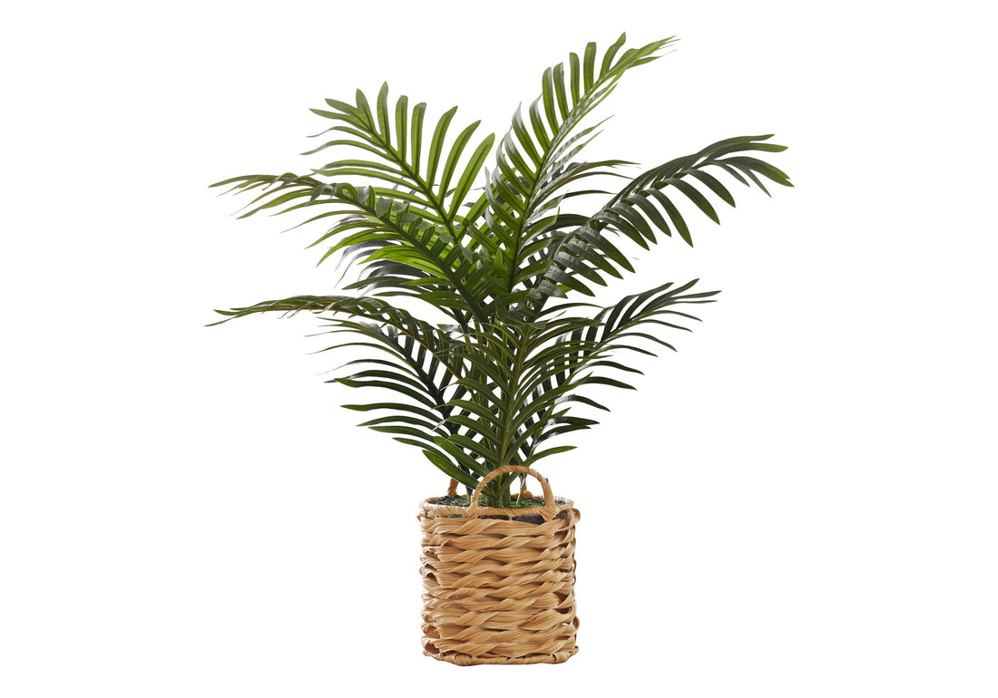 Artificial Plant, 24" Tall, Palm, Indoor, Faux, Fake, Table, Floor, Greenery, Potted, Real Touch, Decorative, Green Leaves, Beige Woven Basket Green Foam Plastic