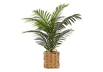 Artificial Plant, 24" Tall, Palm, Indoor, Faux, Fake, Table, Floor, Greenery, Potted, Real Touch, Decorative, Green Leaves, Beige Woven Basket Green Foam Plastic