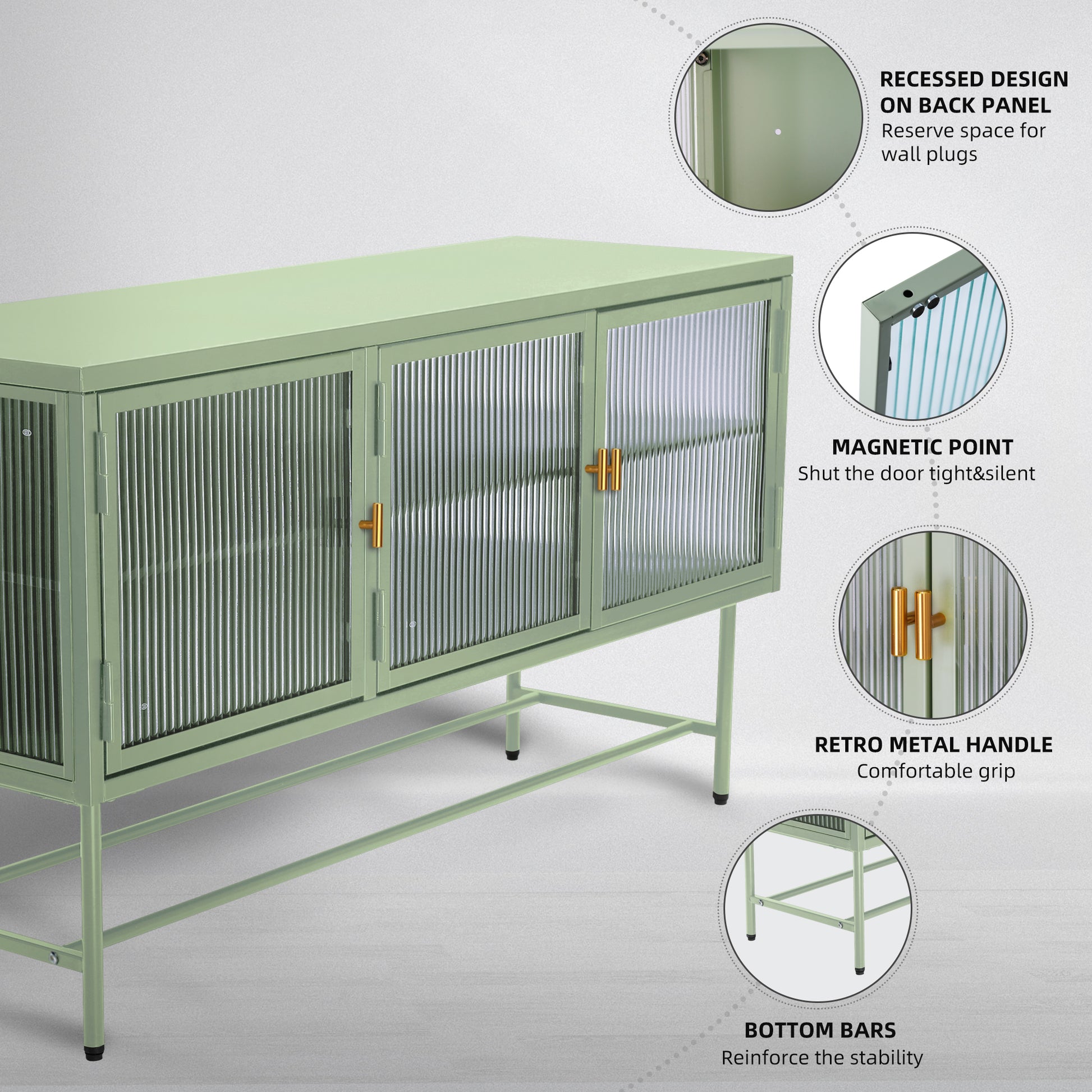 Retro Style Entertainment Center Tv Console Tv Stand With Enclosed Storage Display Cupboard Stylish Fluted Glass Tv Table With Wide Countertop Glass Doors Detachable Shelves Old Sku:W68751722 Mint Green Steel