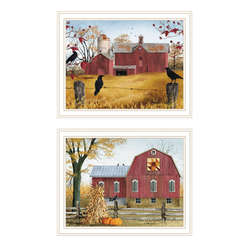 2 Piece Vignette Autumn Red Barns White Framed Wall Art For Living Room, Farmhouse Wall Art Print For Home Decor, Bedroom Wall Art By Billy Jacobs Multicolor Wood Paper