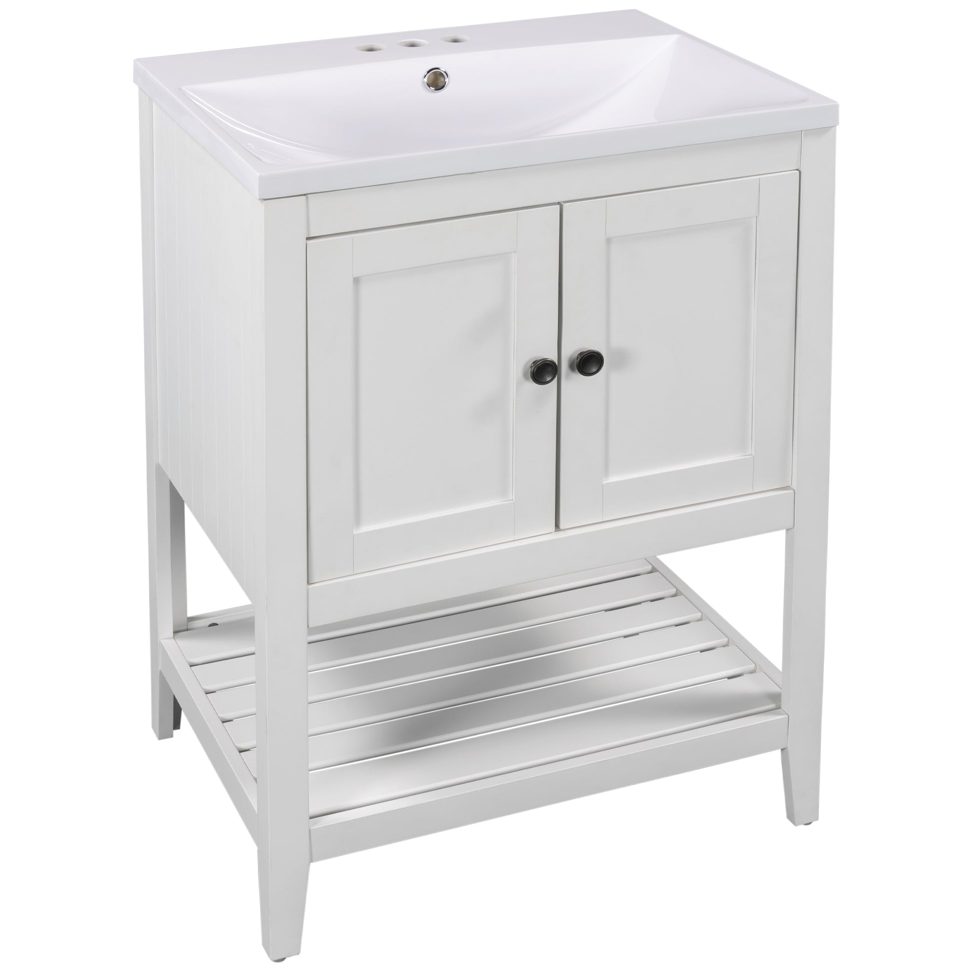 Video 24" White Modern Sleek Bathroom Vanity Elegant Ceramic Sink With Solid Wood Frame Open Style Shelf Old Sku: Jl000001Aak White Solid Wood