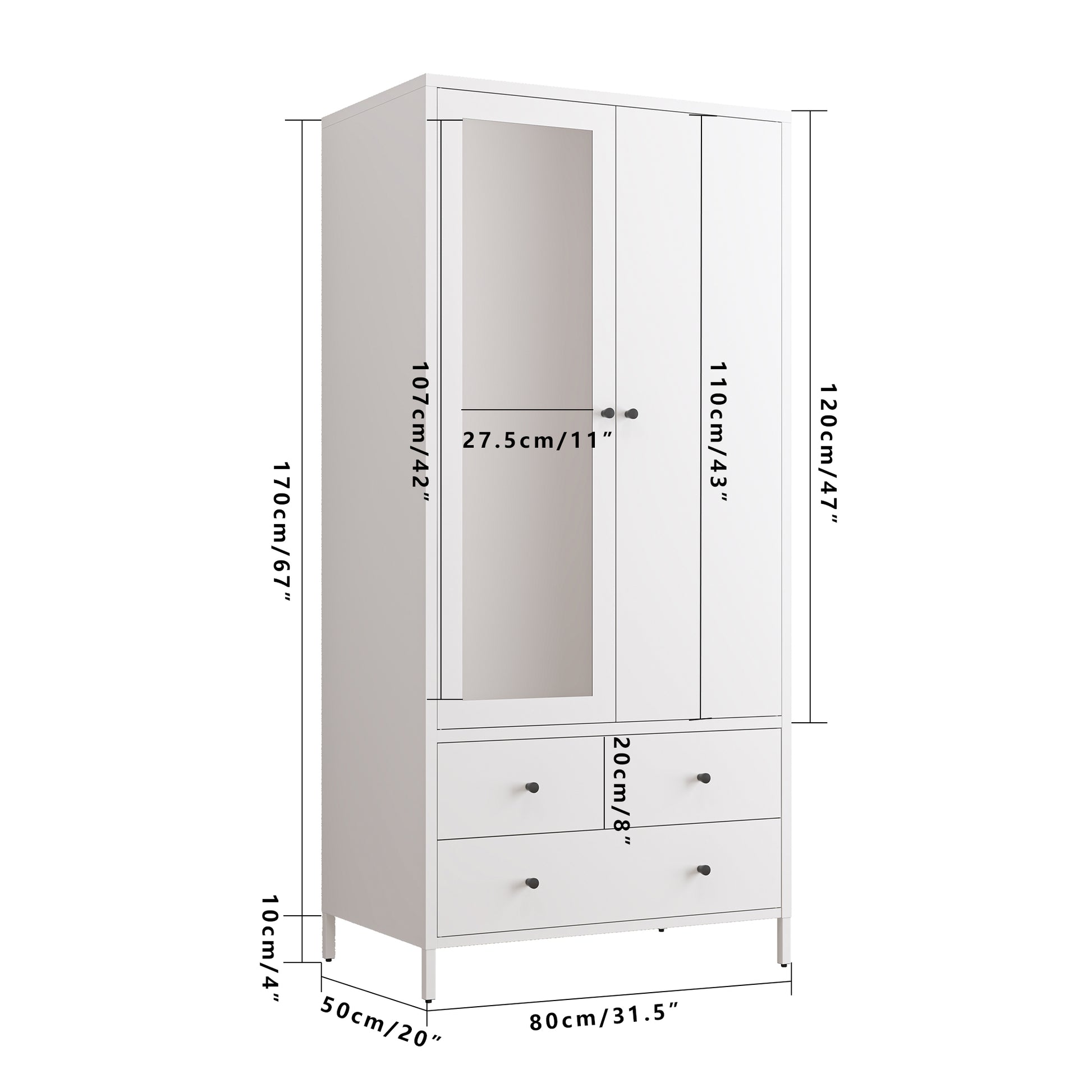 Metal Armoire Wardrobe Closet With 2 Drawers, Mirror Door And Hanging Rod, Metal Clothing Storage Cabinet, Garment Organizer With Magnetic Door White White Bedroom Retro Steel