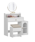 White Vanity Desk With 360 Rotated Mirror And Adjustable Lights, Girls Makeup Vanity Table With Storage Chair And Side Cabinet With Waveform Glass Doors, Dressing Table With Drawer For Bedroom