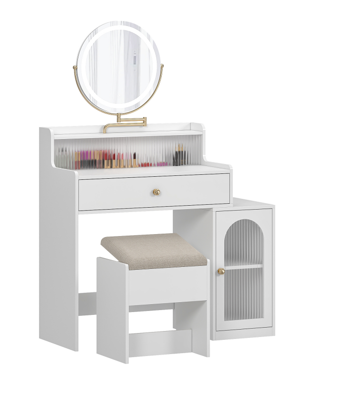 White Vanity Desk With 360 Rotated Mirror And Adjustable Lights, Girls Makeup Vanity Table With Storage Chair And Side Cabinet With Waveform Glass Doors, Dressing Table With Drawer For Bedroom
