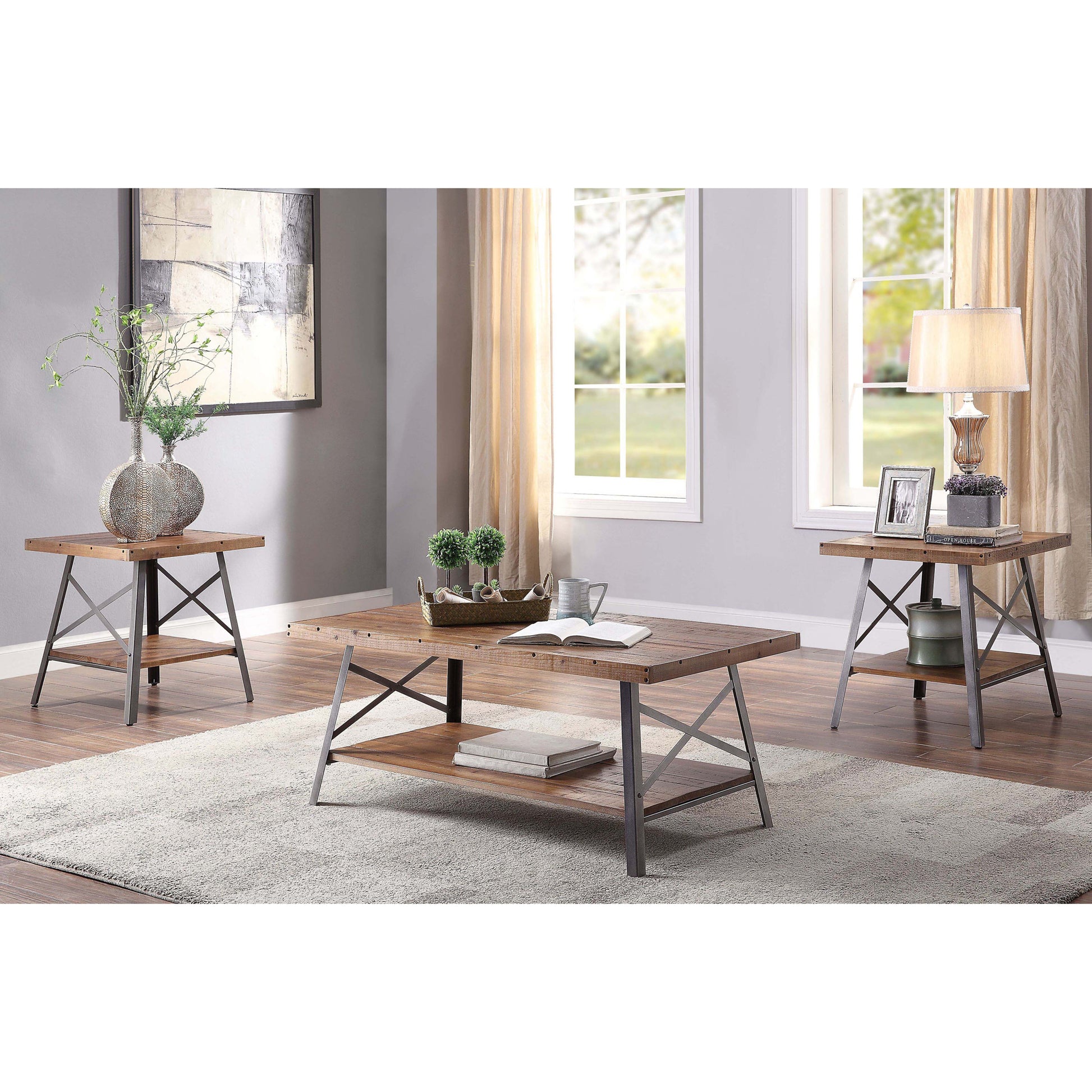 Weathered Oak And Sandy Black End Table With Shelf Set Of 2 Oak Primary Living Space Rustic,Vintage Pine Shelves Wood Metal