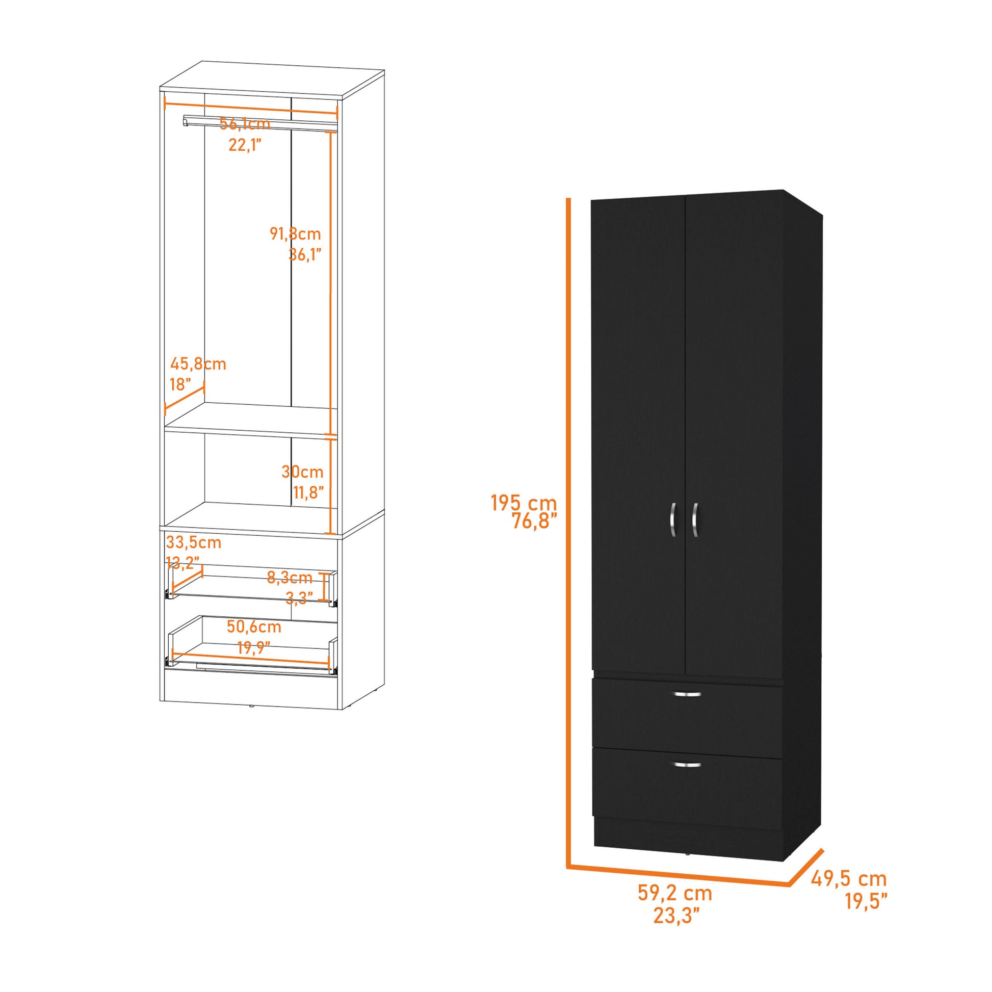 Tall Mayer Wardrobe In Melamine With Two Doors And Two Drawers Black Bedroom Contemporary Particle Board Melamine