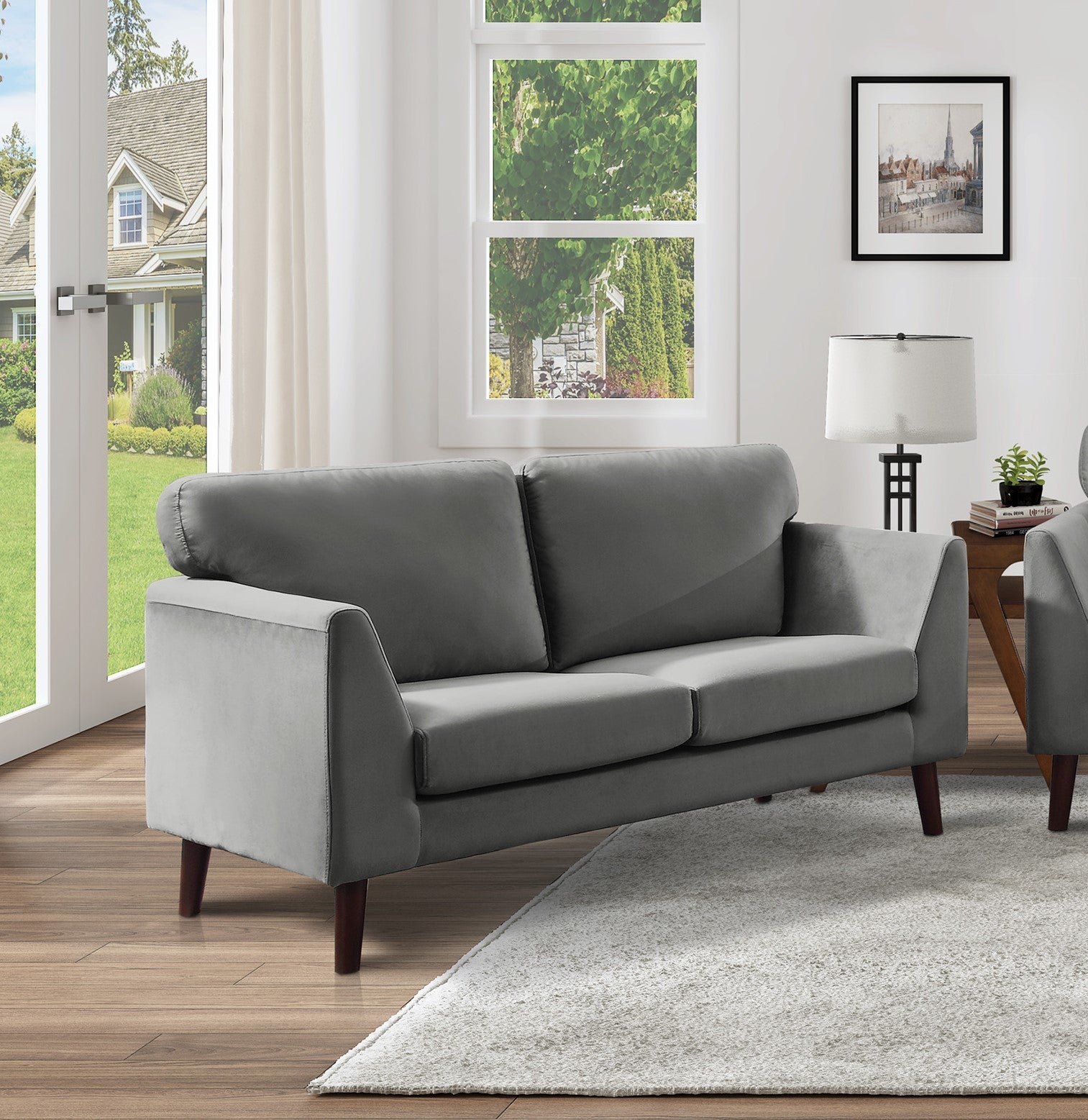 Modern Contemporary Living Room 1Pc Loveseat Gray Velvet Upholstery Dark Brown Legs Solid Wood Furniture Gray Velvet Wood Primary Living Space Modern Solid Wood