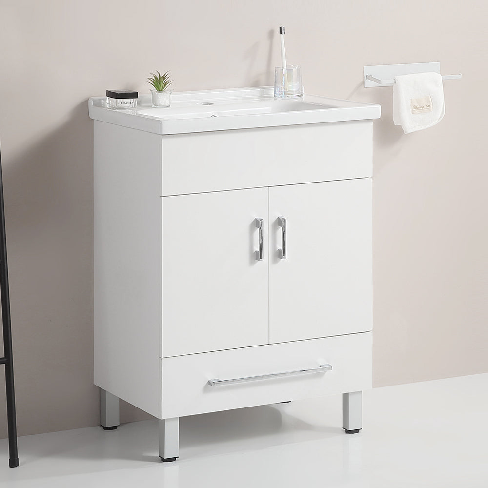 24 Inch Double Doors With Drawers White Bathroom Cabinet With Ceramic Sink White Solid Wood