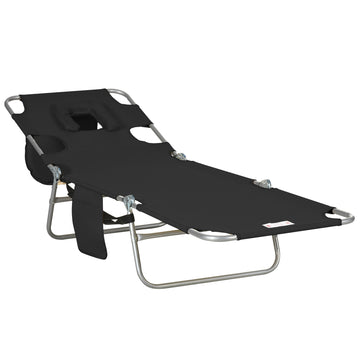 Outsunny Folding Beach Lounge Chair With Face Hole And Arm Slots, 5 Level Adjustable Sun Lounger Tanning Chair With Pillow For Patio, Garden, Beach, Pool, Black Black Oxford Fabric