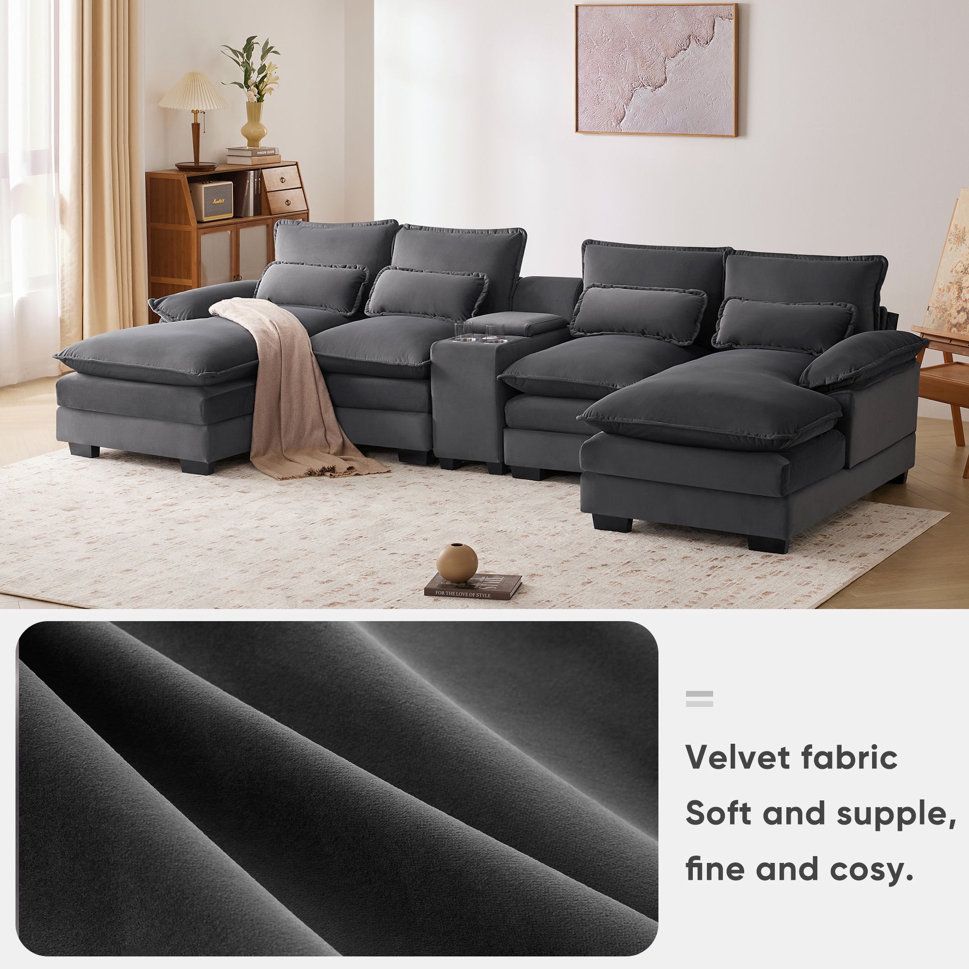 123*55" Modern U Shaped Sofa With Console,Cupholders And Usb Ports,6 Seat Upholstered Symmetrical Indoor Furniture,Sleeper Couch Set With Chaise For Living Room,Apartment,2 Colors Gray Velvet 6 Seat