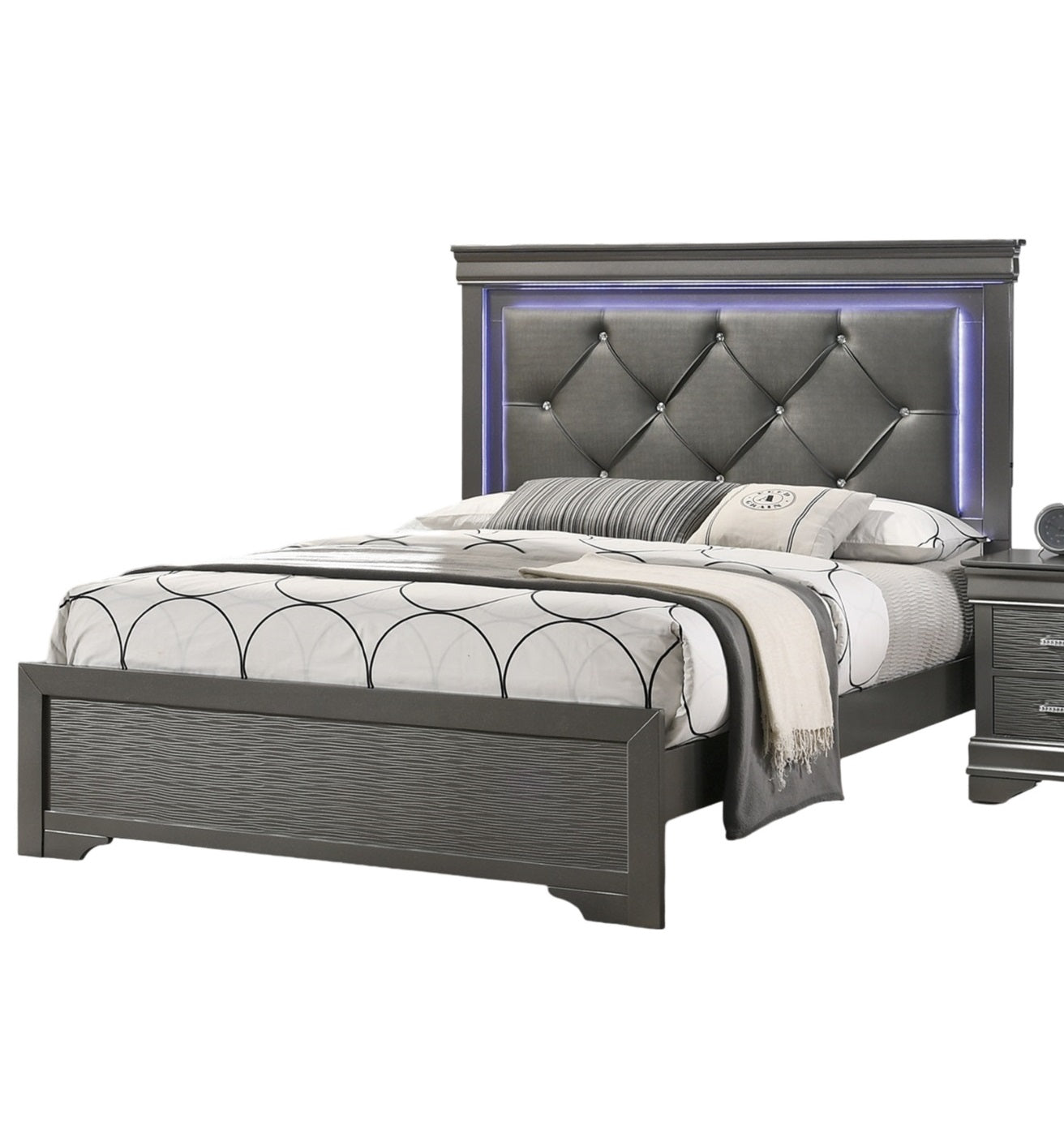 Dark Gray Faux Leather Tufted Headboard 1Pc Queen Size Bed W Led Bedroom Furniture Gray Unique Texture Fb Solid Wood Box Spring Required Queen Dark Gray,Gray Wood Bedroom Contemporary,Modern,Transitional,Ultra Modern Rubberwood Bed Frame Faux