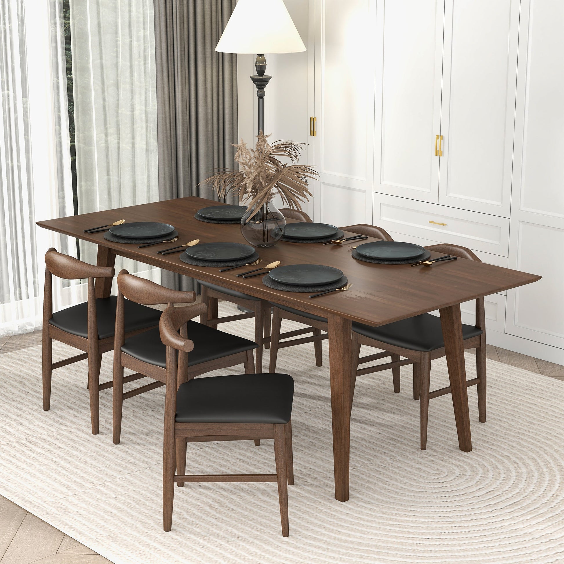 Levi Modern Style Solid Wood Rectangular Dining Kitchen Table 86" Brown Seats 6 Brown Mid Century Modern Walnut Rectangular Solid Wood