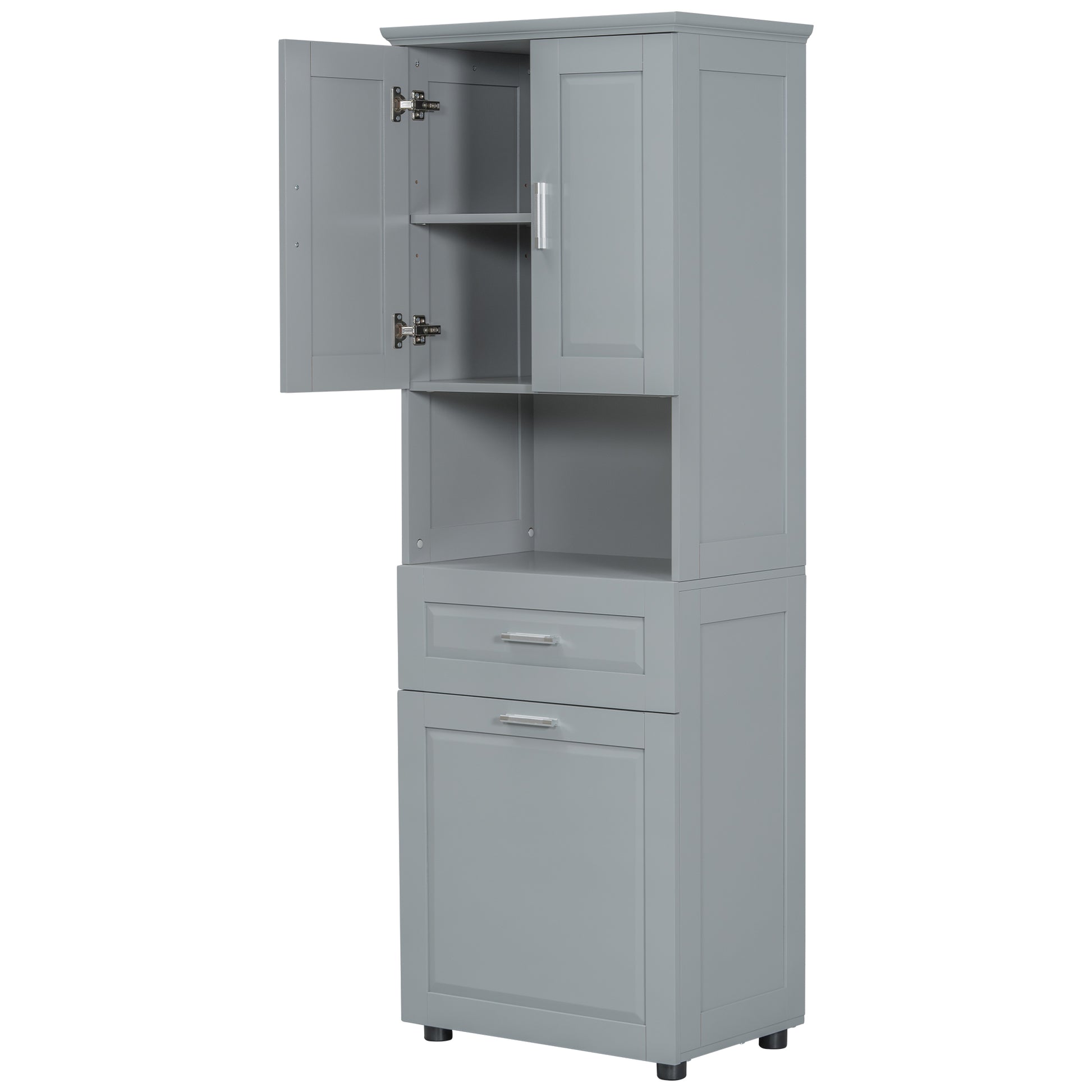 Tall Bathroom Cabinet With Laundry Basket, Large Storage Space Tilt Out Laundry Hamper And Upper Storage Cabinet, Grey Grey Mdf