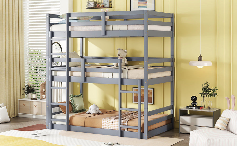 Triple Rubber Wood Bunk Bed With Two Built In Ladders, Guardrails, Twin Over Twin Over Twin, Detachable Triple Twin Bunk Bed,Grey Twin Grey Bedroom American Design Bed Frame Rubber Wood