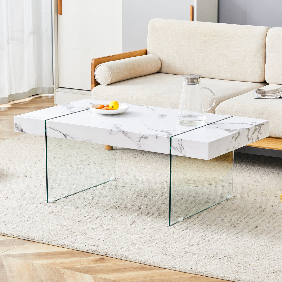 43.3"X23.6" White Marble Patterned Mdf Coffee Table With Tempered Glass Legs.Suitable For Living Room.It Can Be Used Not Only As A Coffee Table But Also As A Side Table Or Display Stand.