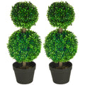 Homcom Artificial Plant For Home Decor Indoor & Outdoor Fake Plants Artificial Tree In Pot, 2 Ball Boxwood Topiary Tree For Home Office, Living Room Decor, Green Green Plastic