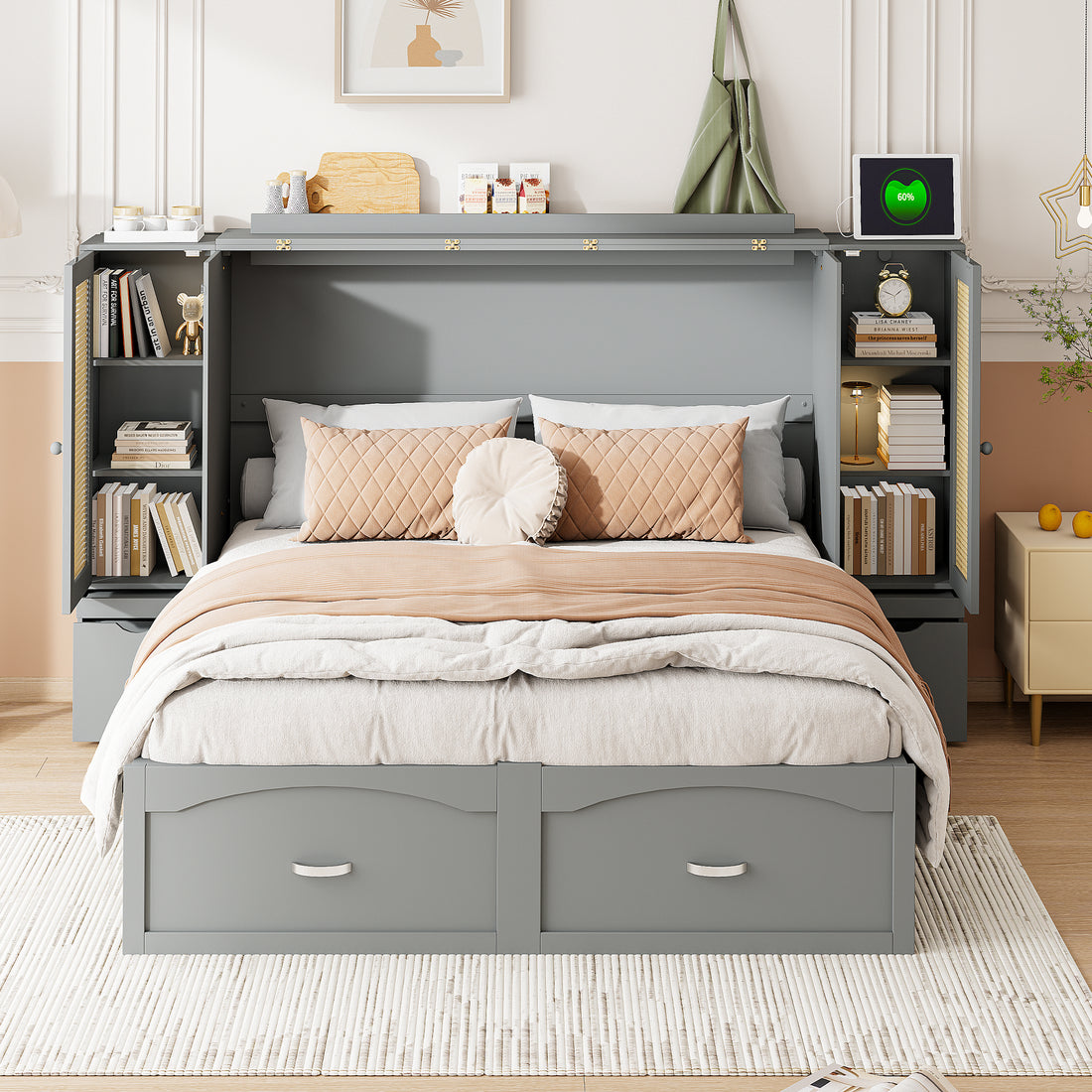 Queen Size Murphy Bed Wall Bed With Drawer And Rattan Decoration With 2 Storage Cabinets, One Set Of Sockets & Usb Ports, Pulley Structure Design, Gray Queen Gray Plywood