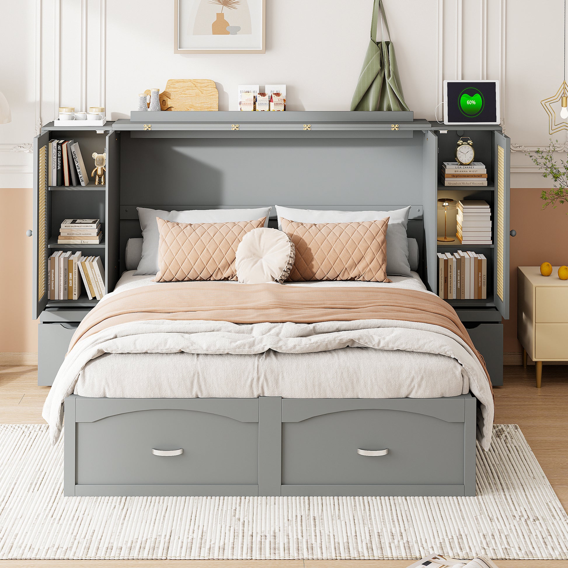 Queen Size Murphy Bed Wall Bed With Drawer And Rattan Decoration With 2 Storage Cabinets, One Set Of Sockets & Usb Ports, Pulley Structure Design, Gray Queen Gray Plywood