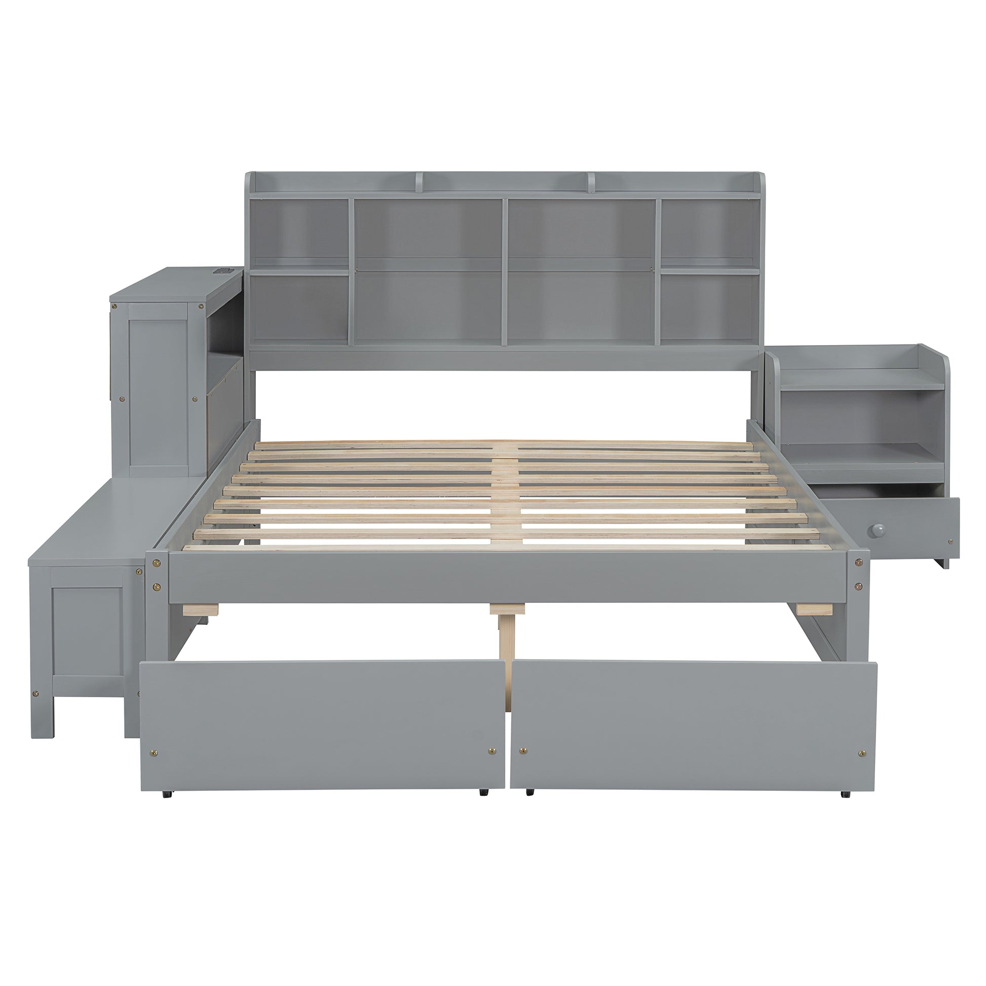 Full Size Wooden Platform Bed With Multi Functional Storage Space, Nightstand, 2 Drawers, Usb Ports And Desk, Gray Full Gray Wood