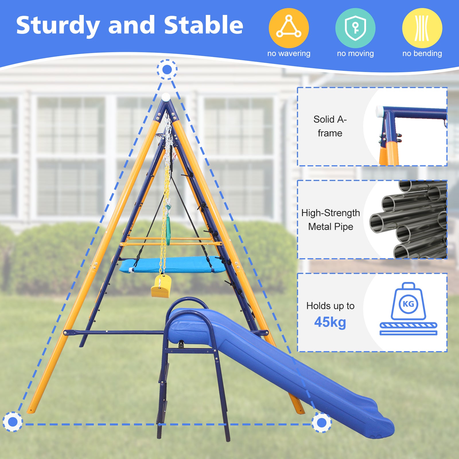 500 Lbs 7 In 1 Swing Set For Kids Backyard Outdoor A Frame Heavy Duty Metal Swing Sets With Slide, 2 Swing Seats, 1 Climbing Net & Ladder, 1 Gym Ring, 1 Basket Multicolor Steel