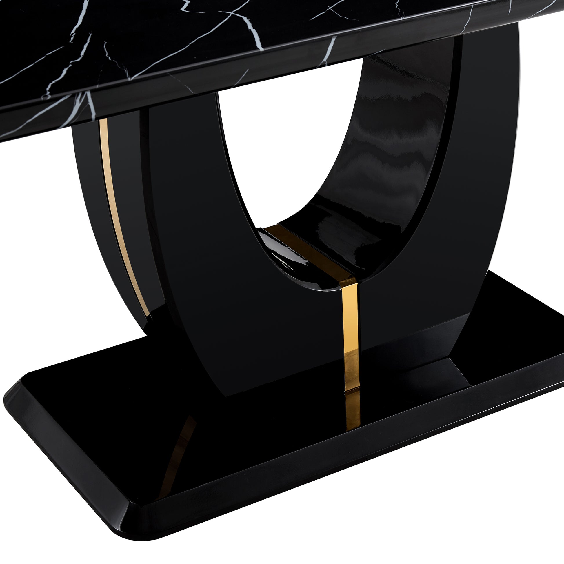 Table And Chair Set.63"W X 37"D X 30"H Black Marble Mdf Diningtable Set With 6 Black Pu Chairs With Gold Metal Legs.Bring A Comfortable Home Experience To The Kitchen, Bedroom, And Office.