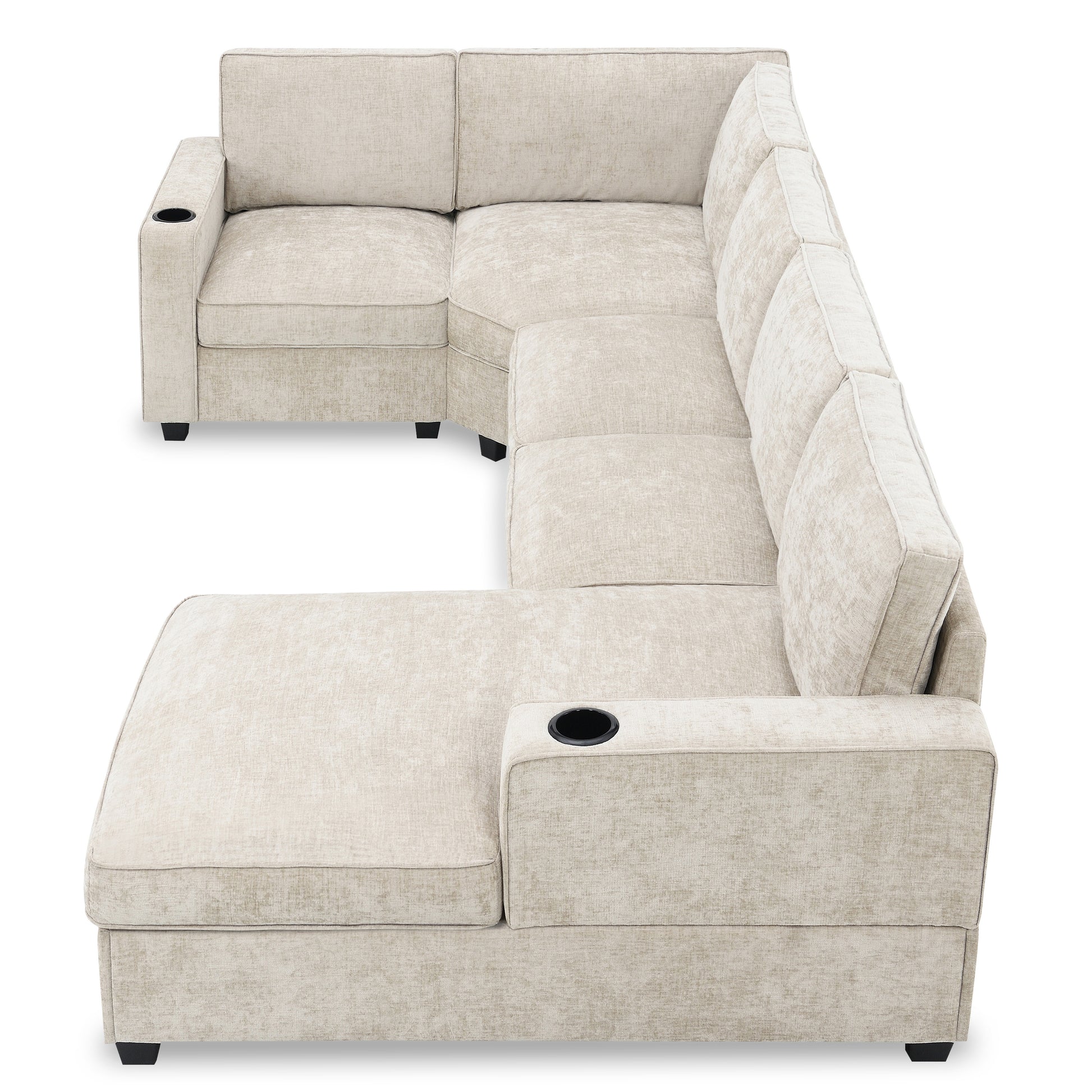 119*67" U Shaped Sectional Sofa,6 Seat Chenille Couch Set With Oversized Chaise Lounge,Irregular Corner,Deep Seat Comfy Sofa With Cup Holders For Living Room,Apartment,2 Colors Beige Chenille 6 Seat