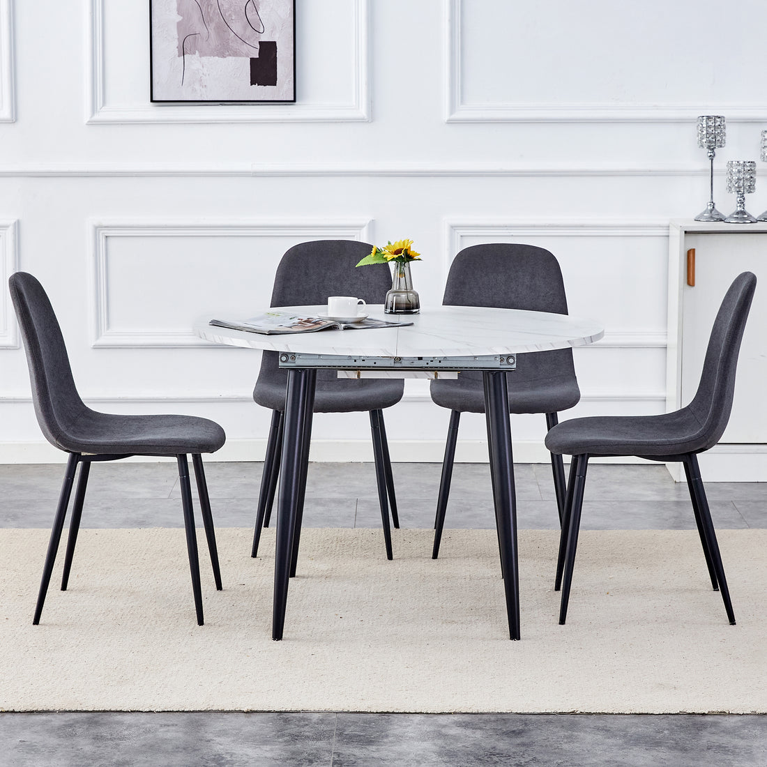 Table And Chair Set.Modern Extendable Mdf Dining Table.The Table Has A Telescopic Design, Suitable For Gatherings Of Different Size.Paired With 4 Chairs With Fabric Cushion And Black Metal Legs. Dark Gray,White Seats 4 Mdf Metal