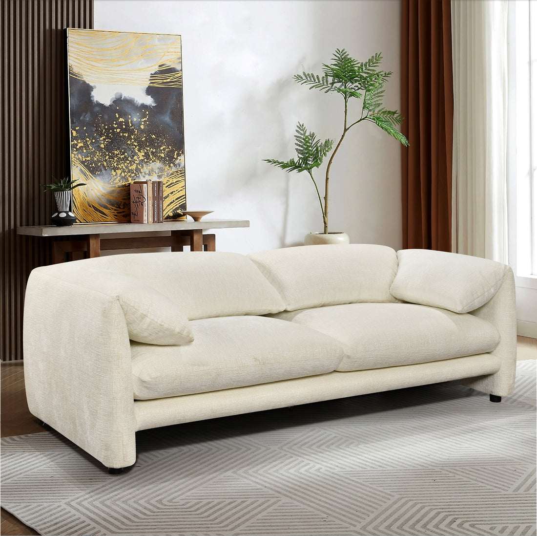 87" 3 Seater Sofa With Wide And Comfortable Armrest, High Density Sponge Backrest & Its Plump Cushions And Soft, Comfortable Spacious Seats,For Living Room, Bedroom,Beige White Light Brown Wood