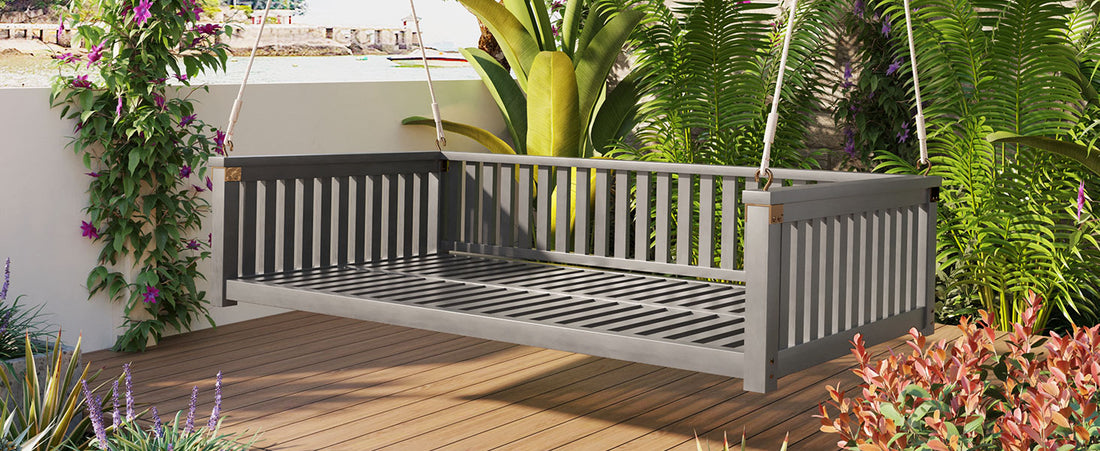 Patio Minimalist Twin Size Garden Swing Bed Wood Porch Swing With Ropes For Backyard, Safe Sloped Design, Gray Gray Weather Resistant Frame Garden & Outdoor Minimalist 2 Person Seating Group Acacia