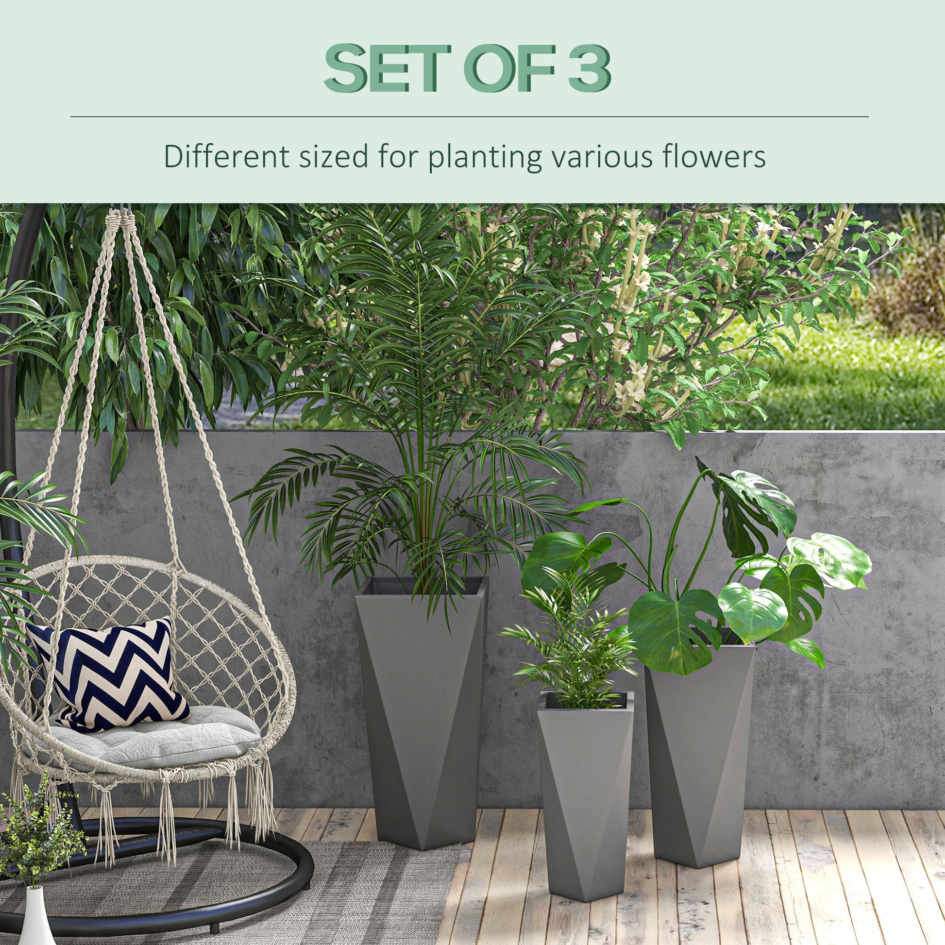 Outsunny Set Of 3 Tall Planters, 28.75", 24.5", 20.5", Mgo Indoor Outdoor Planters With Drainage Holes, Stackable Flower Pots For Garden, Patio, Balcony, Front Door, Gray Gray Magnesium Oxide