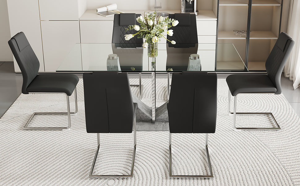 Table And Chair Set, Large Modern Rectangular Glass Table, Can Accommodate 6 8 People, Equipped With A 0.39 Inch Tempered Glass Tabletop And Large Mdf Table Legs, Comfortable And Soft Chairs. Transparent Mdf Glass