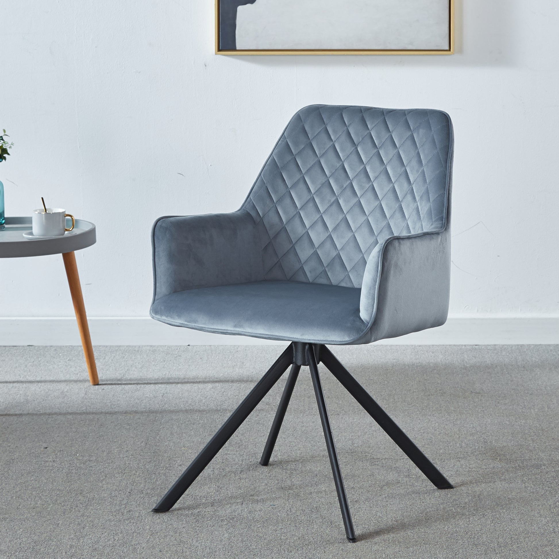 Modern Desk Chair No Wheel, Ergonomic Office Chair Home Office Upholstered Chair, Computer Chair For Bedroom, Reception Room, Living Room With Metal Legs Blue Fabric Metal