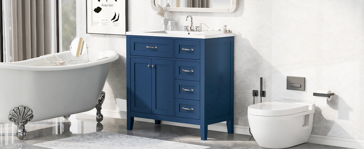 36" Bathroom Vanity With Sink Combo, Blue Bathroom Cabinet With Drawers, Solid Frame And Mdf Board Blue Solid Wood Mdf