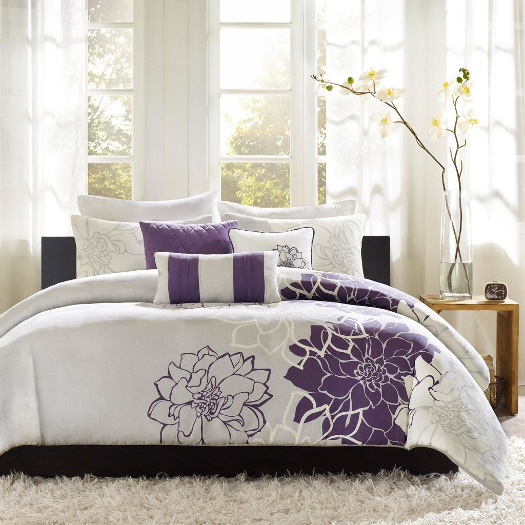 6 Piece Printed Duvet Cover Set King Purple Polyester