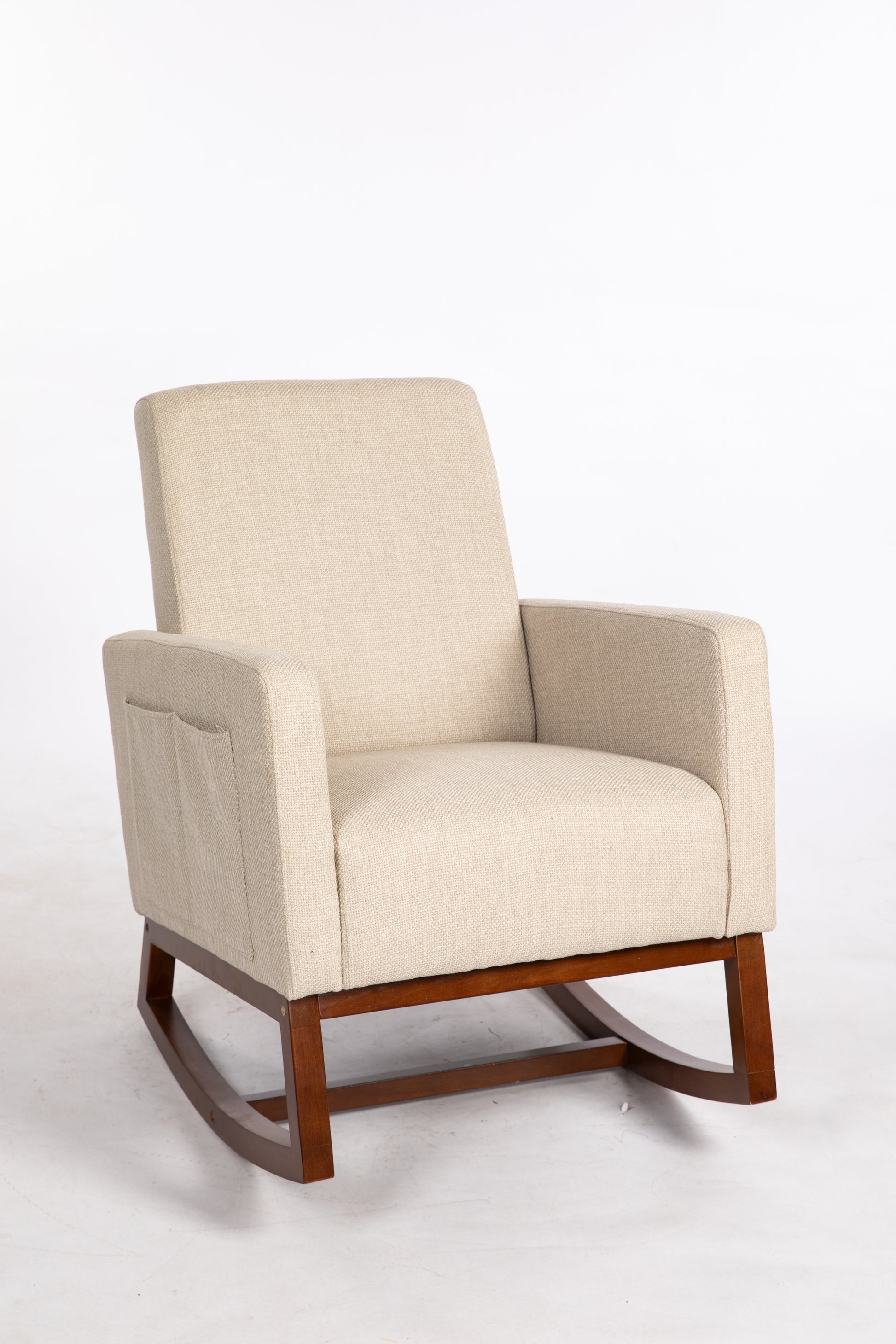 Mid Century Modern Accent Chair With Wood Frame, Upholstered Living Room Chairs With Waist Cushion, Reading Armchair For Bedroom Sunroom Grey White Linen