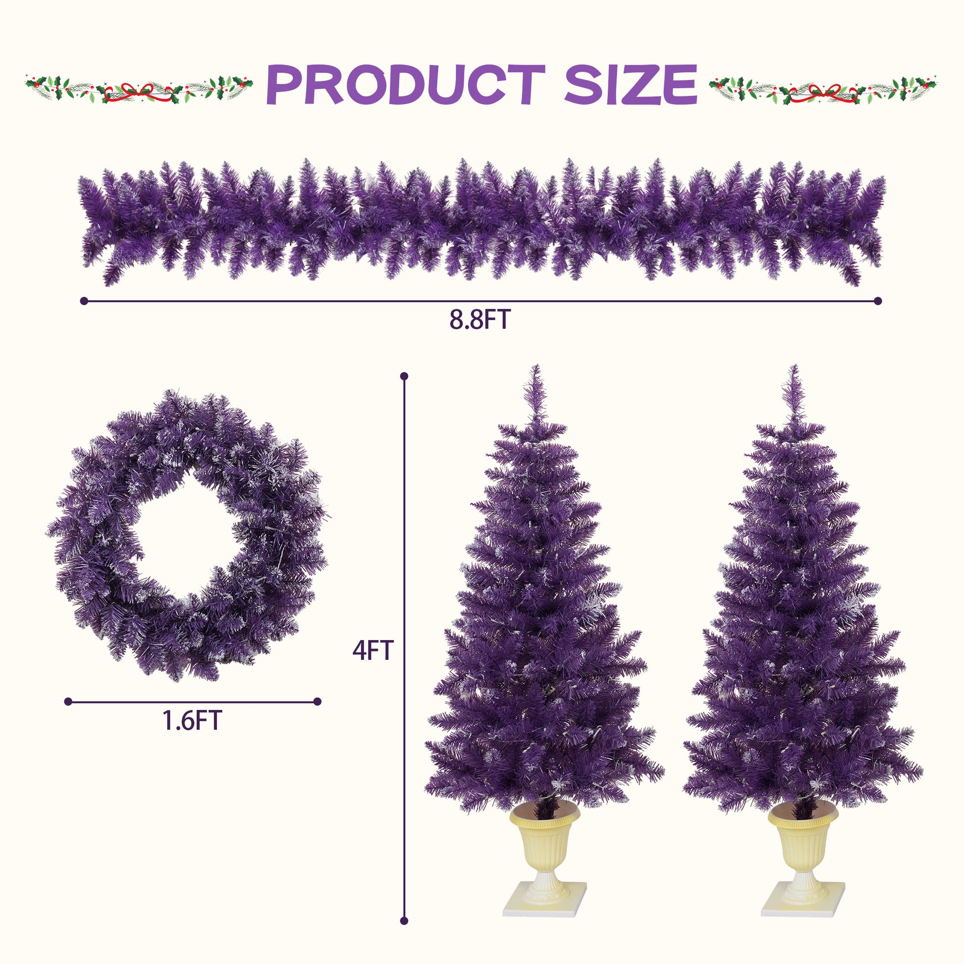 Pre Lit Christmas Artificial Tree 4 Piece Set, Garland, Wreath And Set Of 2 Entrance Trees, X Mas With Led Lights, Pvc Festival Celebration Set, Purple Purple Pvc