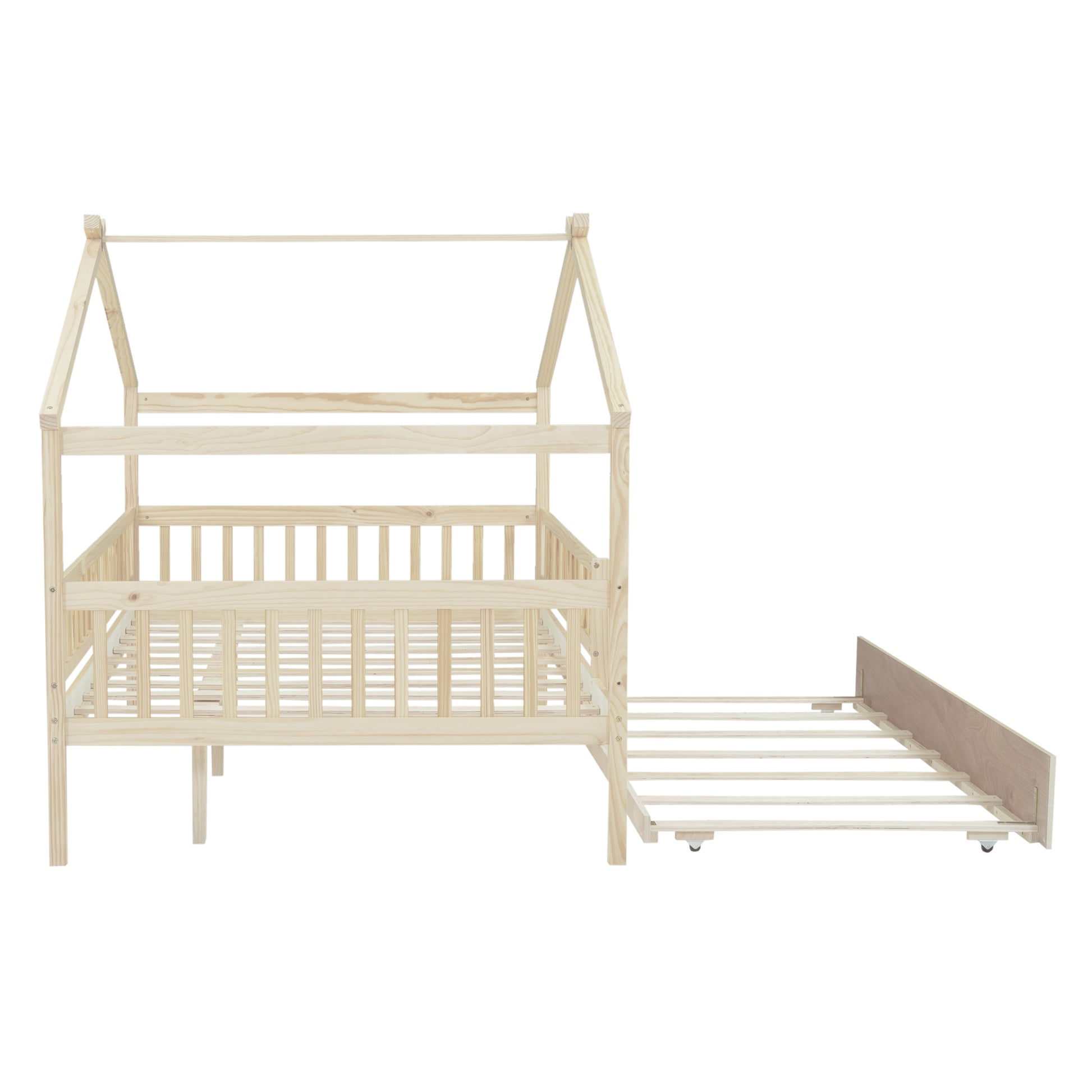 Full Size Wooden House Bed With Twin Size Trundle, Natural Full Natural Solid Wood Mdf