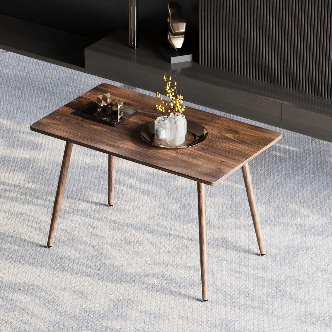 Modern Minimalist Mdf Desktop, Walnut Color Metal Legs, Small Sized Dining Table, Computer Desk, Office Desk, Kitchen Table, For 6 Seat.Suitable For Kitchen, Dining Room, Living Room Walnut Seats 4 Kitchen Round Mdf