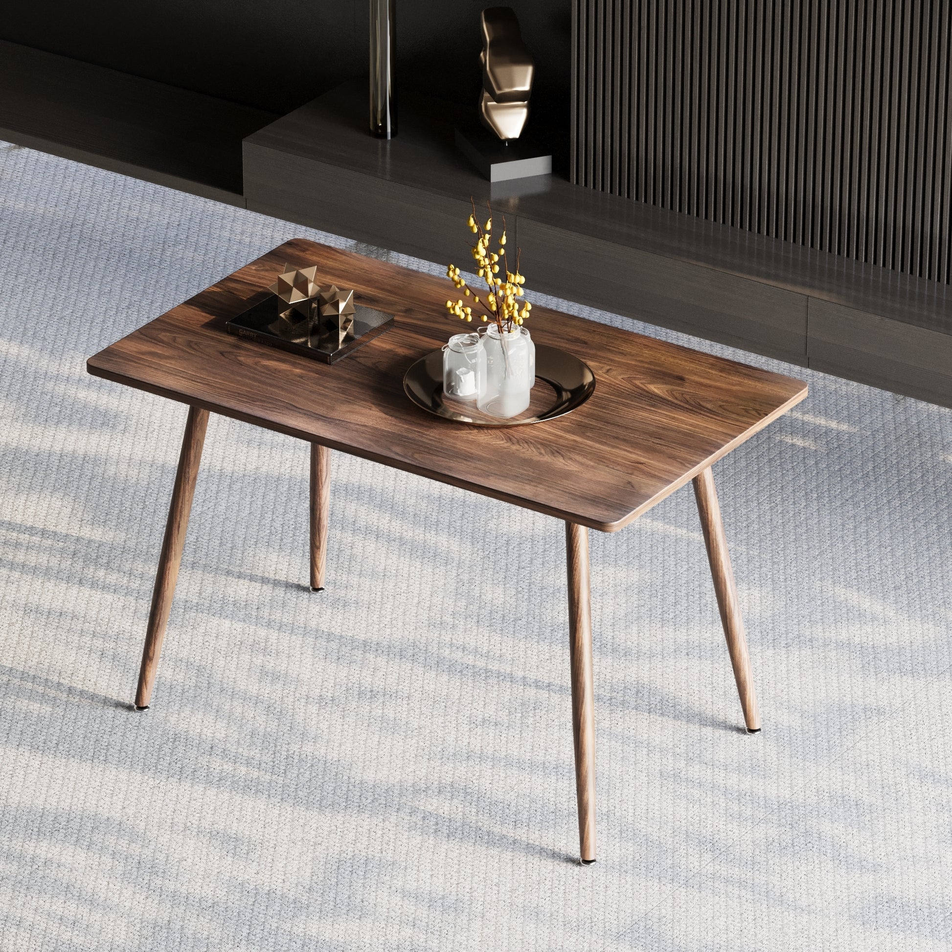Modern Minimalist Mdf Desktop, Walnut Color Metal Legs, Small Sized Dining Table, Computer Desk, Office Desk, Kitchen Table, For 6 Seat.Suitable For Kitchen, Dining Room, Living Room Walnut Seats 4 Kitchen Round Mdf