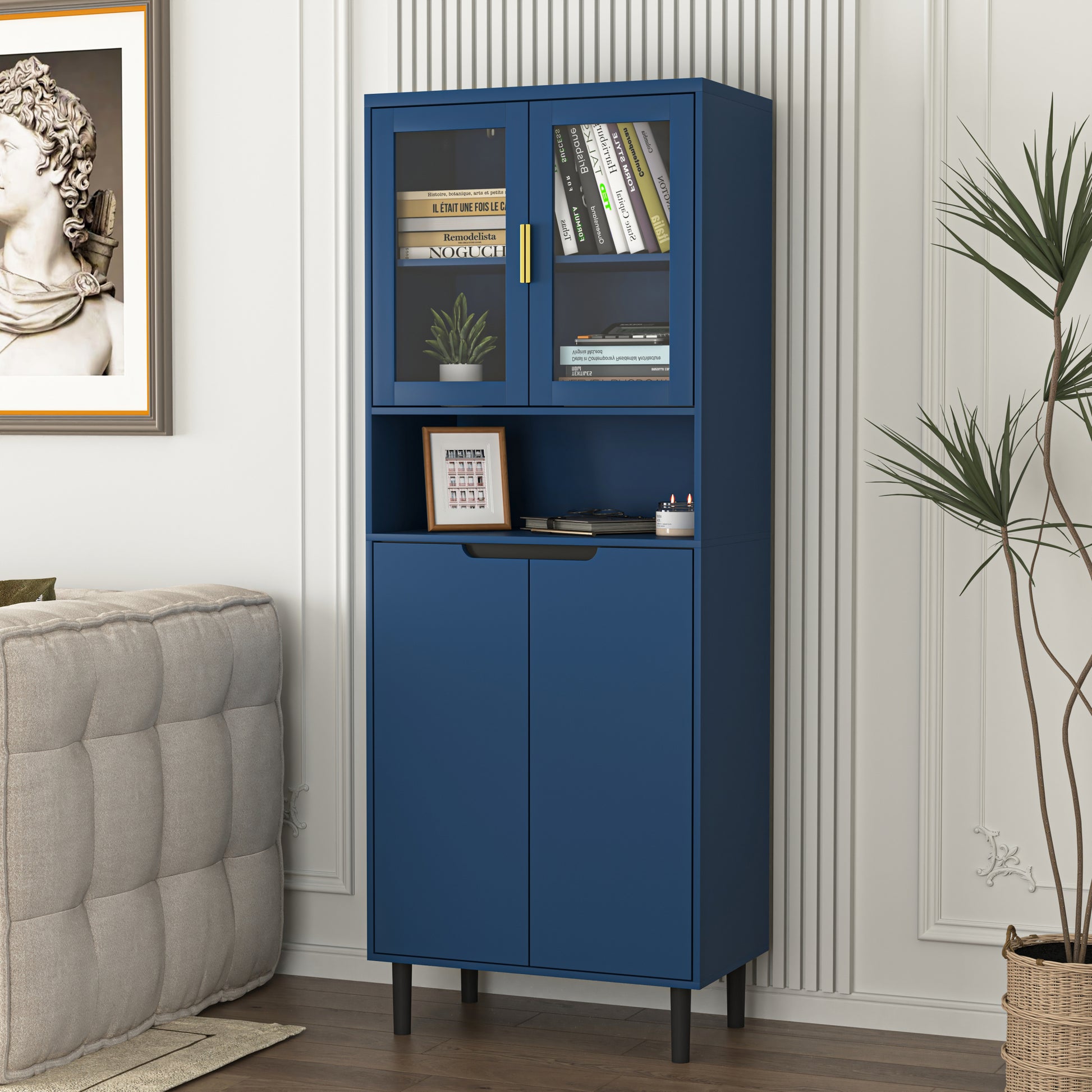 Tall Storage Show Cabinet With 2 Glass Display Door & 2 Doors, Tall Kitchen Pantry Cabinet With Gold Handles, Modern Cabinet Freestanding For Bathroom, Dining Living Room, Blue Blue Mdf