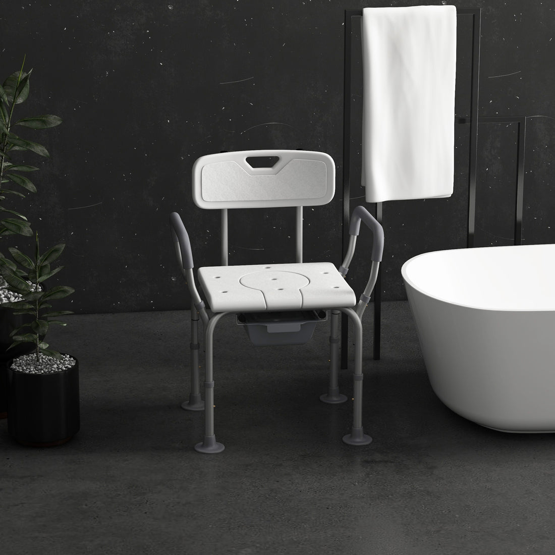 Homcom 3 In 1 Shower Chair With Back And Arms, Height Adjustable Bedside Commode, Raised Toilet Seat With Non Slip Rubber Foot Pad For Seniors, Disabled, White White Aluminum