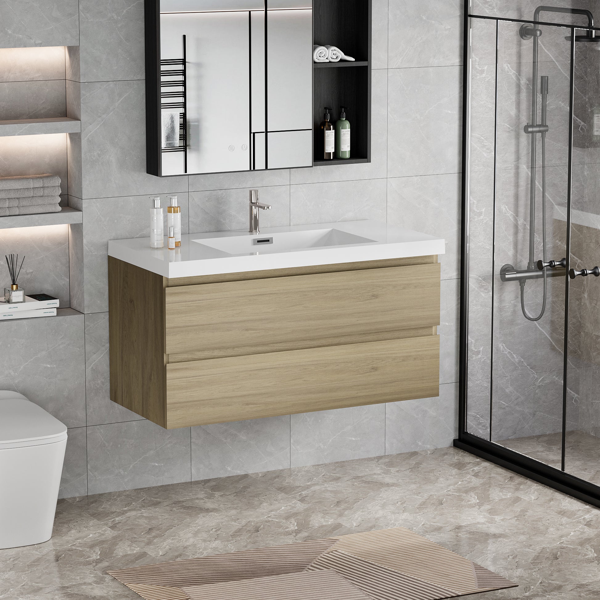 42" Floating Bathroom Vanity With Sink, Modern Wall Mounted Bathroom Storage Vanity Cabinet With Resin Top Basin And Soft Close Drawers, Natural Oak 24V11 42No 2 Oak Bathroom Wall Mounted Wood