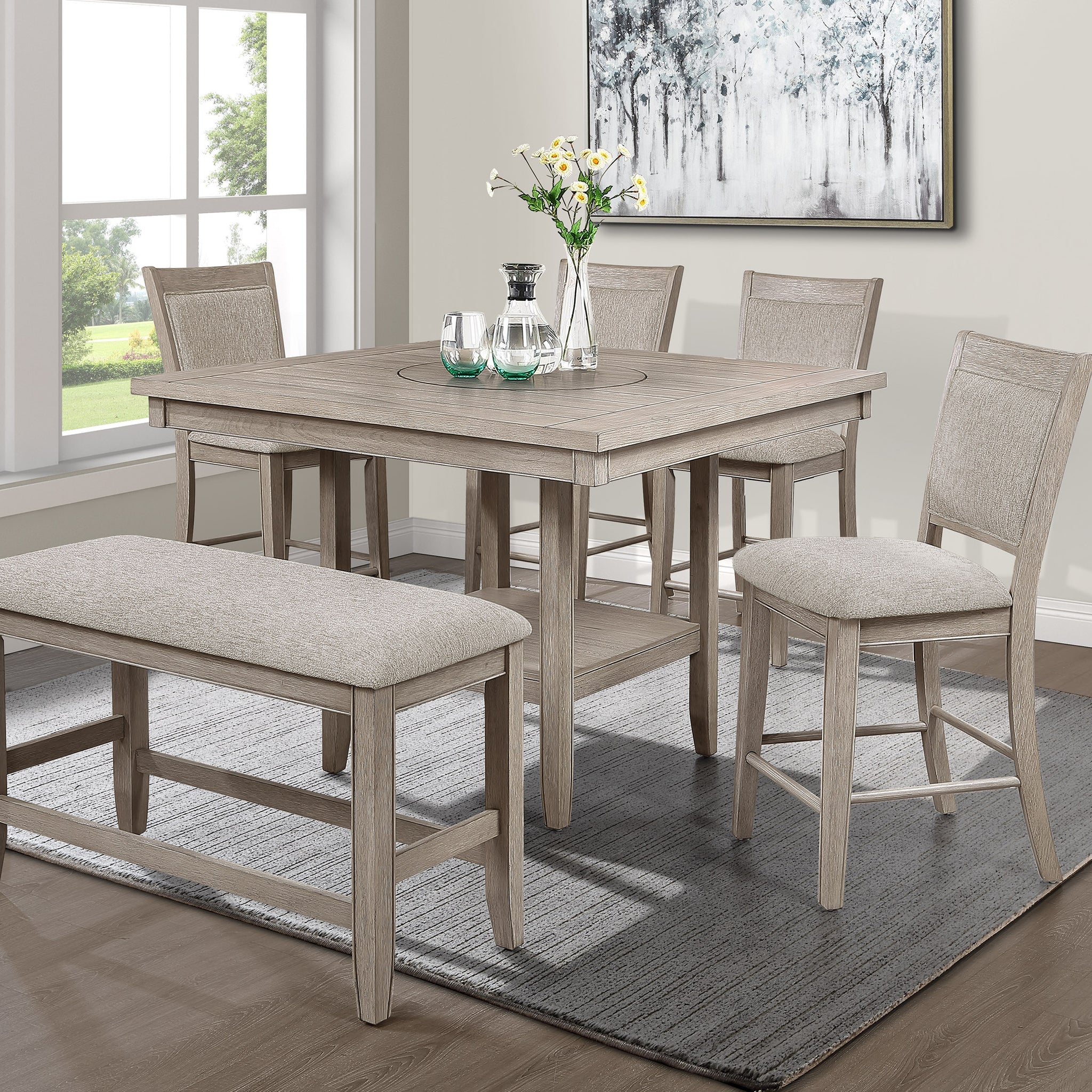 6Pc Dining Set Contemporary Farmhouse Style Counter Height W 20 Inch Lazy Susan All Gray Finish Upholstered Chairs Bench Wooden Wood Veneers Solid Wood Dining Room Furniture Upholstered Chair Wood