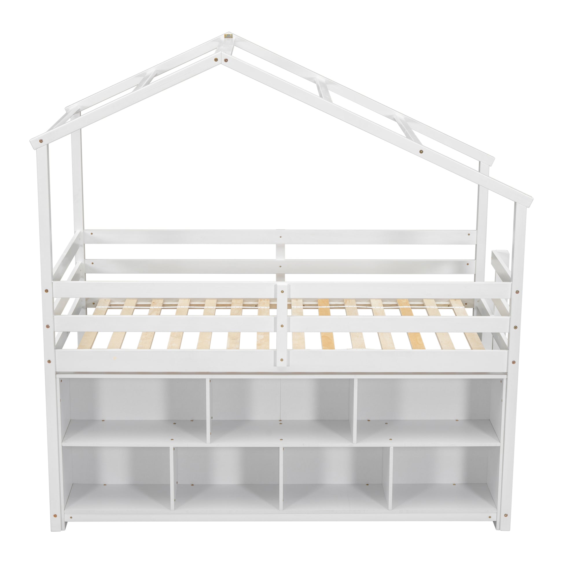 Twin House Loft Bed With Roof Frame, Under Bed Shelving Storage Unit, Guardrails, Ladder,White Twin White Bedroom American Design Pine Pine