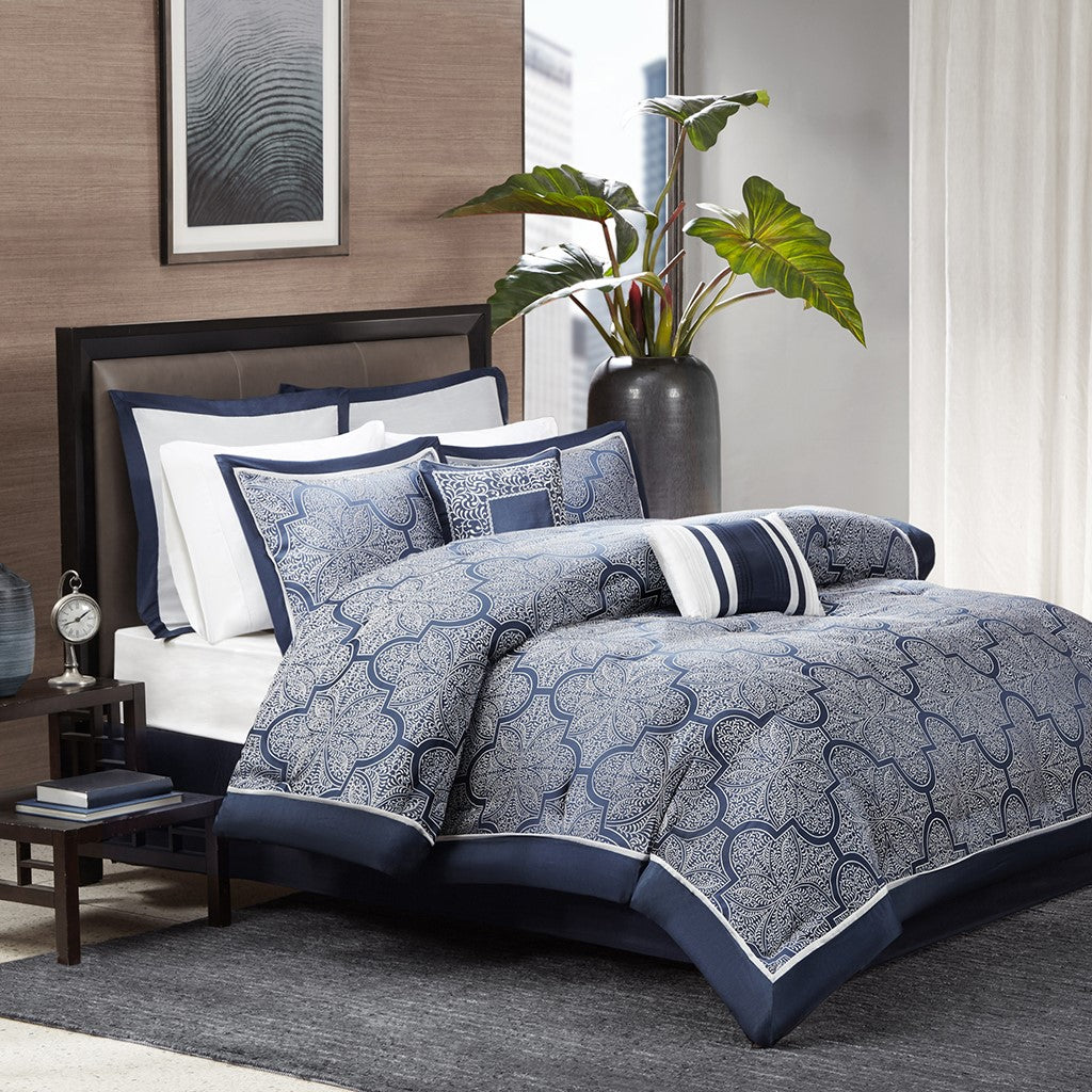 8 Piece Jacquard Comforter Set Navy Cal King California King Navy Polyester