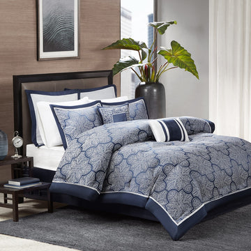 8 Piece Jacquard Comforter Set Navy Cal King California King Navy Polyester